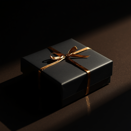Black perfume gift box tied with a gold ribbon