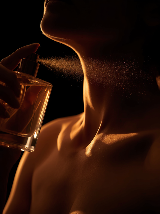 Woman spraying an Eau de Parfum on her collarbone