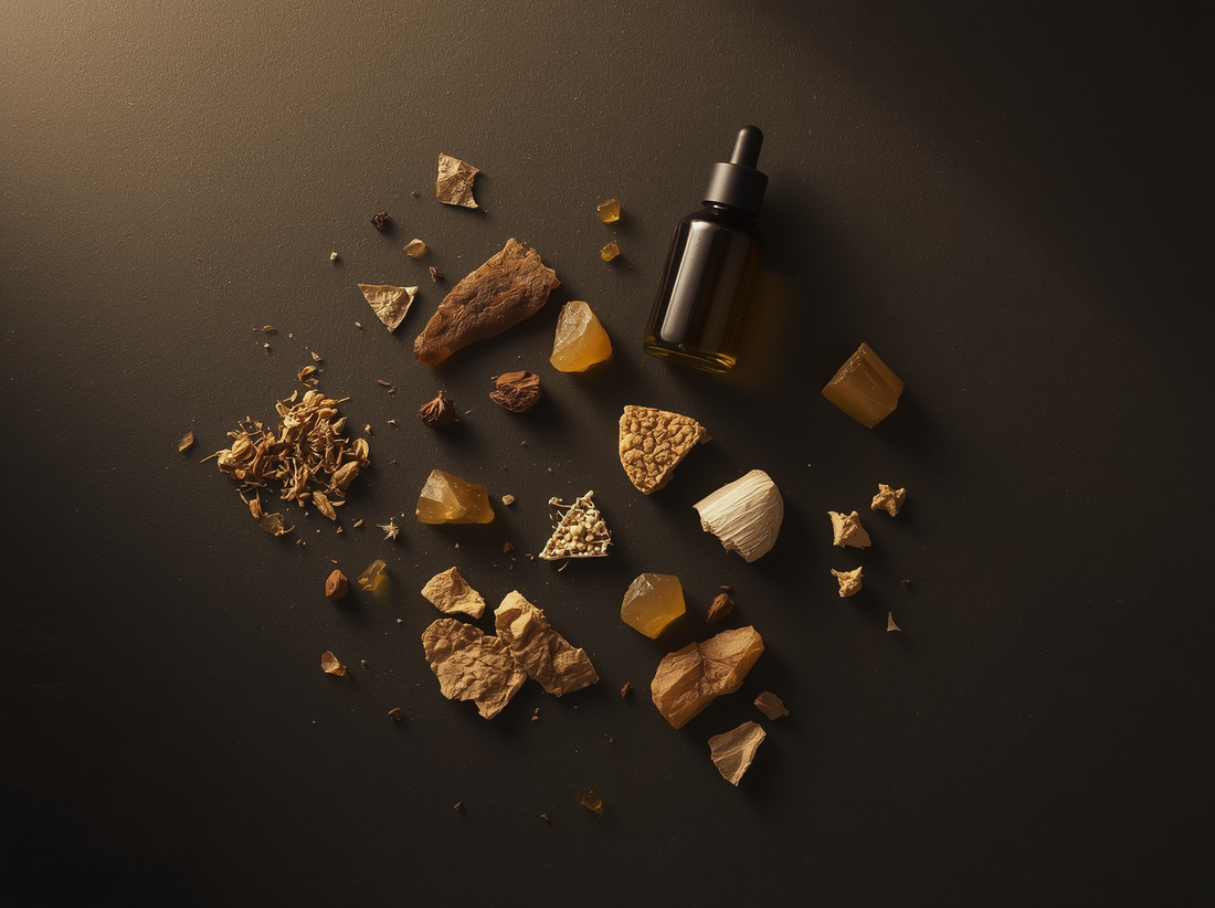 Raw fragrance ingredients for top, heart and base notes: citrus peel, dried flowers, amber and wood