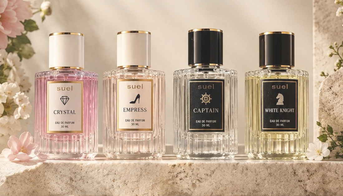Suel perfume collection: Crystal, Empress, Captain and White Knight